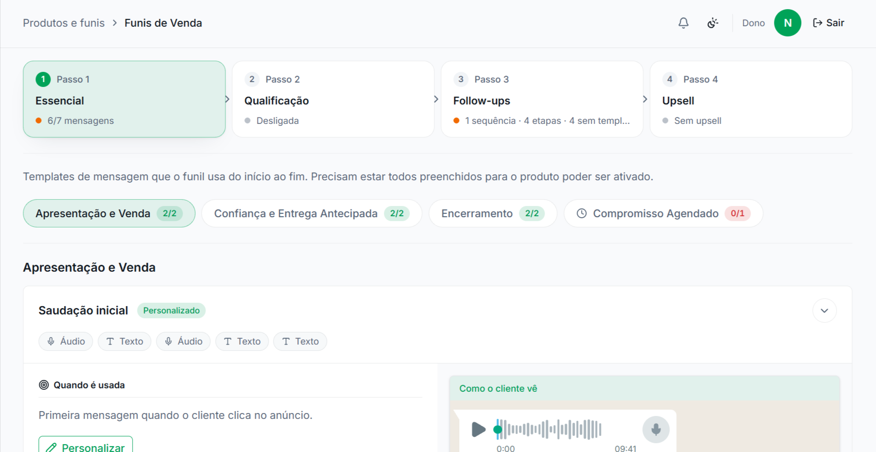 Painel do WatSeller com os passos do funil prontos: Essencial, Qualificação, Follow-ups e Upsell, e os templates de mensagem já preenchidos